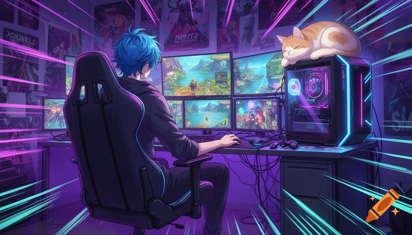 An anime character with blue hair sits at a desk playing video games on multiple monitors in a neon-lit room. A cat sleeps on the PC tower.