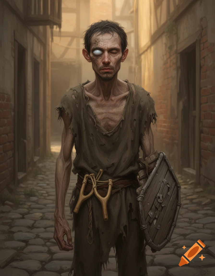 A gaunt, ragged man with a blind eye stands in a dirty alley, carrying a slingshot and a makeshift wooden shield. Detailed illustration.