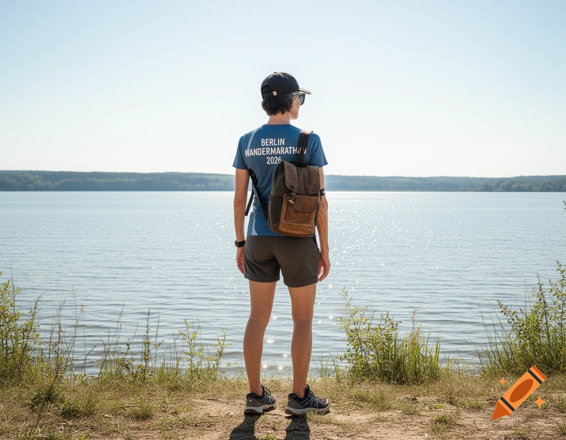 A person with a backpack stands by a lake under a clear sky. Text on shirt reads "Berlin Wandermarathon 2026". Photorealistic.