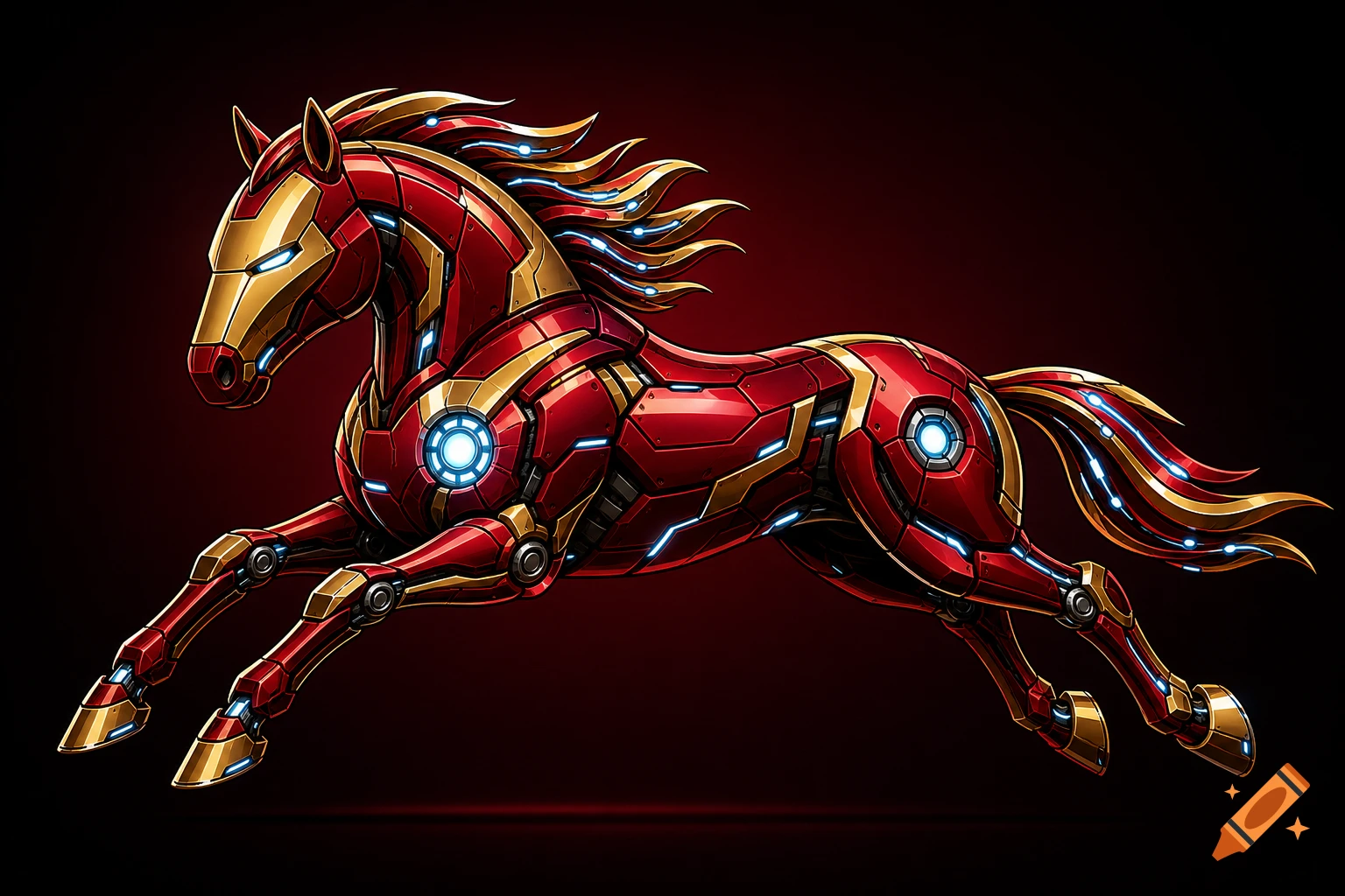 A stylized illustration of a red and gold robot horse in Iron Man armor with glowing blue accents, leaping on a dark red background.
