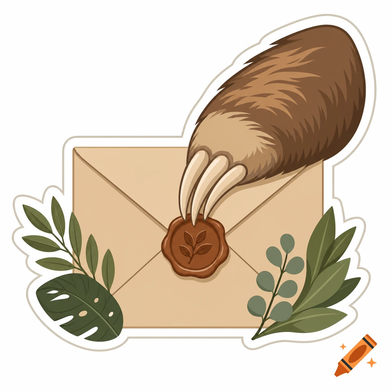 Cartoon sloth claw sealing a brown envelope with a wax seal, decorated with green leaves in a sticker style.