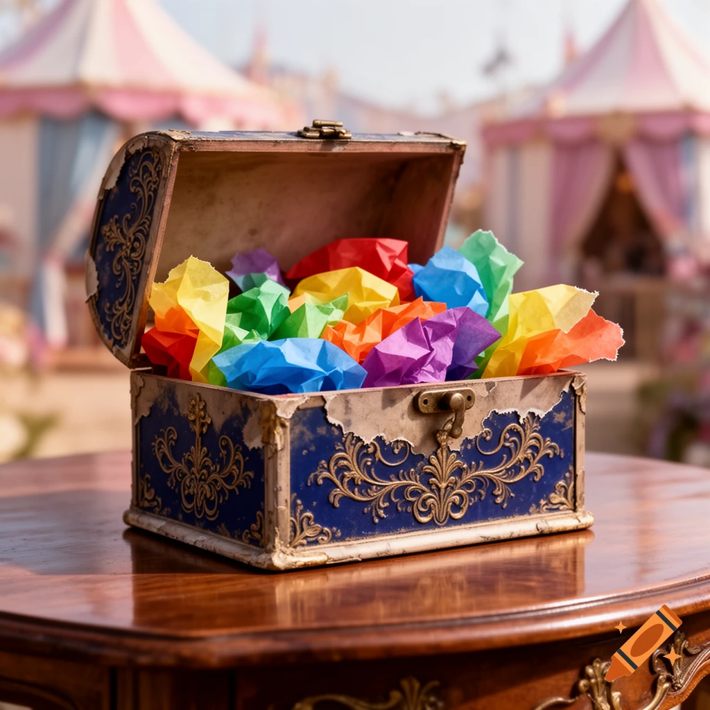 An ornate, open blue and gold box filled with colorful crumpled tissue paper on a polished wooden table with blurred carnival tents in the background.