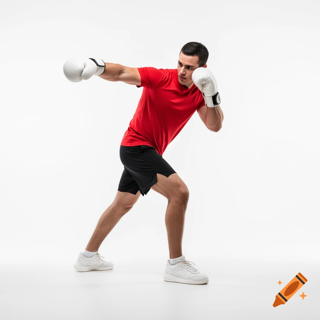 A male boxer in a red t-shirt and black shorts, wearing white boxing gloves, throws a punch against a white background.