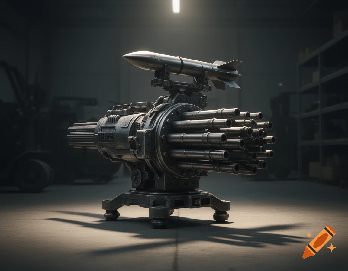 A detailed, photorealistic minigun with a rocket launcher mounted on top, in a dark industrial setting.