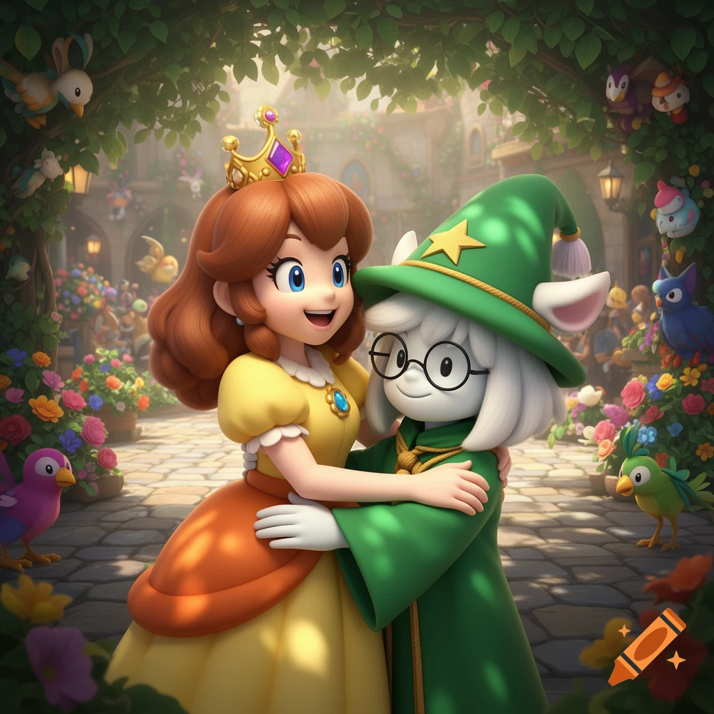 Princess Daisy from Mario Kart and Ralsei from Deltarune hug in a beautiful, flowery garden.