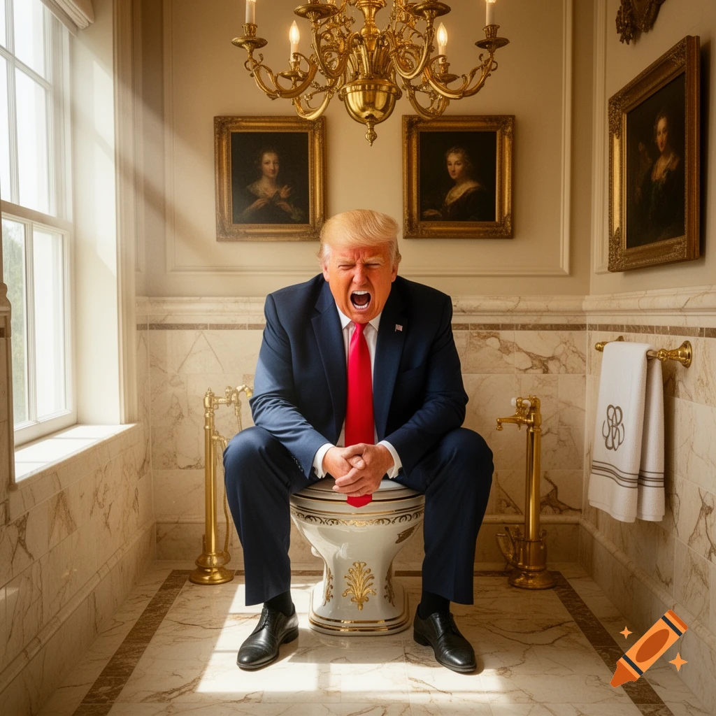 Donald Trump, screaming, sits on a decorative toilet in a luxurious marble bathroom in a photorealistic style.