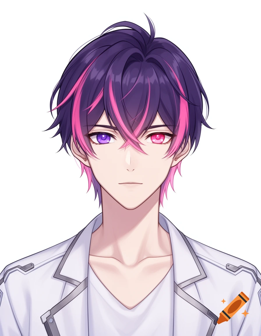 Anime male character with messy purple and pink hair, heterochromatic purple and pink eyes, wearing a white jacket, on a white background.