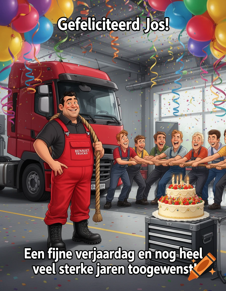 A cheerful cartoon shows a muscular mechanic in red overalls holding a rope next to a red truck, while other men play tug-of-war. The workshop is decorated with balloons, confetti, and a birthday cake, with text 'Gefeliciteerd Jos!' and 'Een fijne verjaardag en nog heel veel sterke jaren toegewenst!'