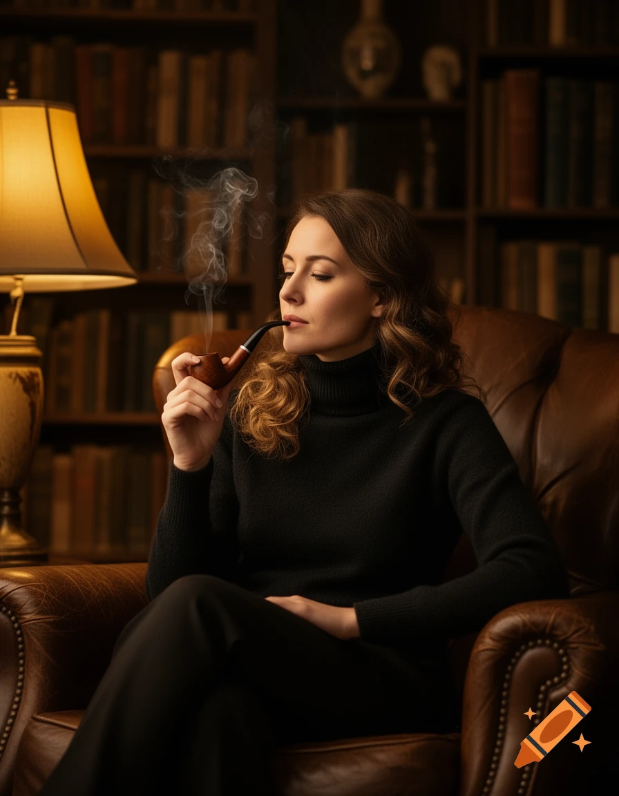 A woman in a black turtleneck sits in a leather armchair, smoking a pipe in a dimly lit library.