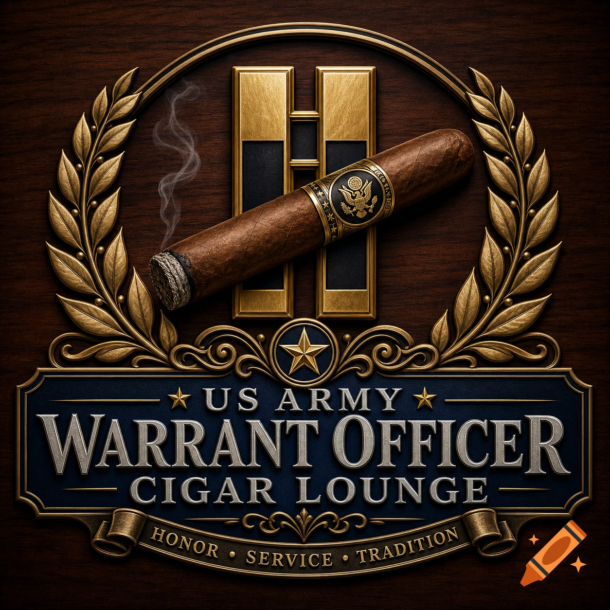 Dark wooden logo with golden wreath, military insignia, and a lit cigar. Text: 'US Army Warrant Officer Cigar Lounge'. There are also words 'Honor Service Tradition' on the bottom.