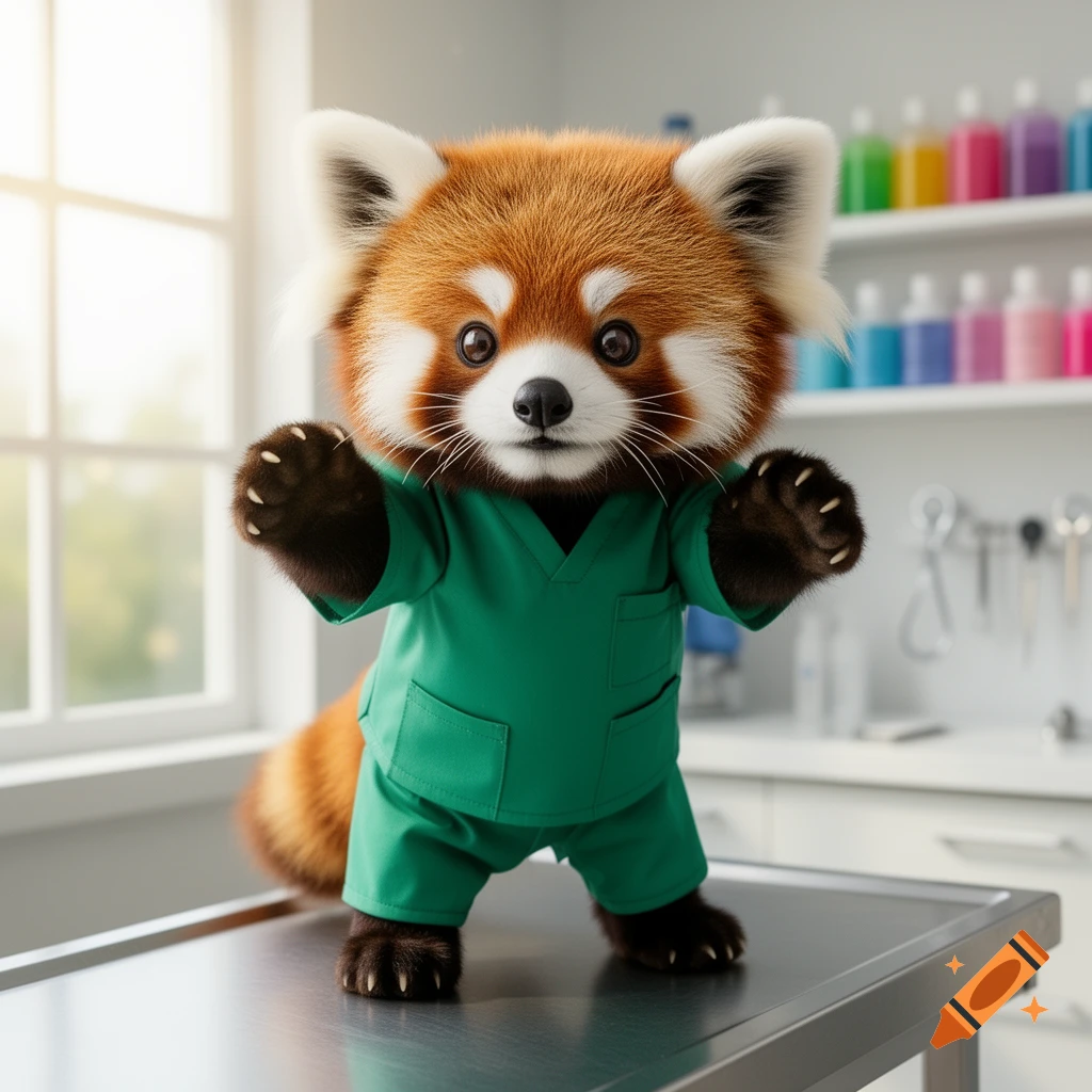 A super cute red panda wearing green scrubs stands on a metallic examination table in a brightly lit veterinary clinic.