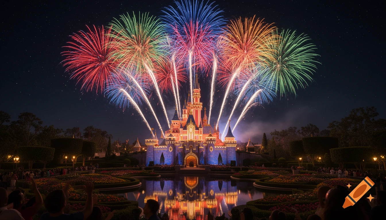 Disneyland castle illuminated at night with colorful fireworks above, reflecting in the water, viewed by a crowd.