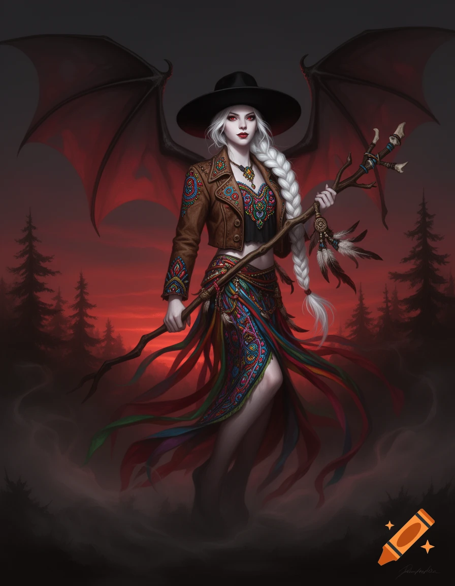 A fantasy illustration of a white-haired bat girl with red eyes and wings, wearing a wide-brimmed hat, buckskin jacket, and colorful ribbon skirt, holding a staff in a misty forest at sunset.