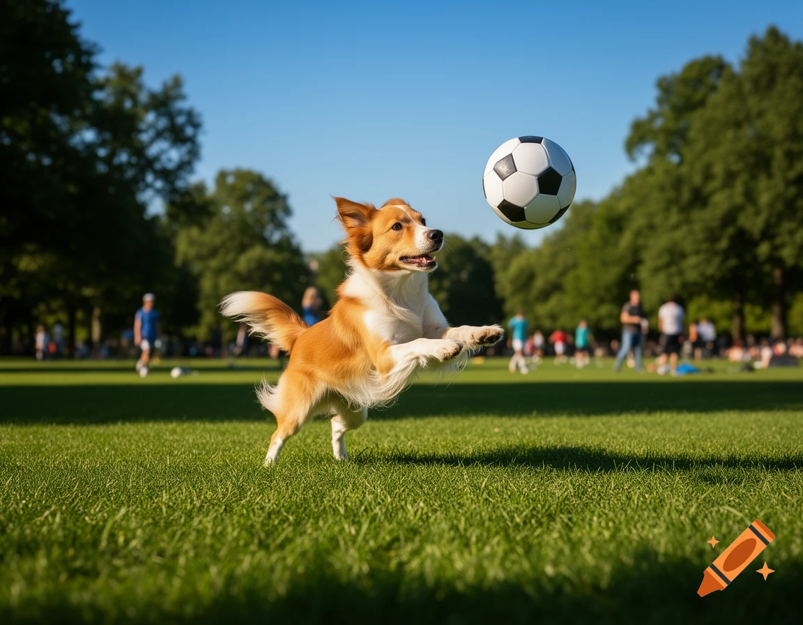 A brown and white dog leaps in mid-air to hit a soccer ball in a sunny green park.