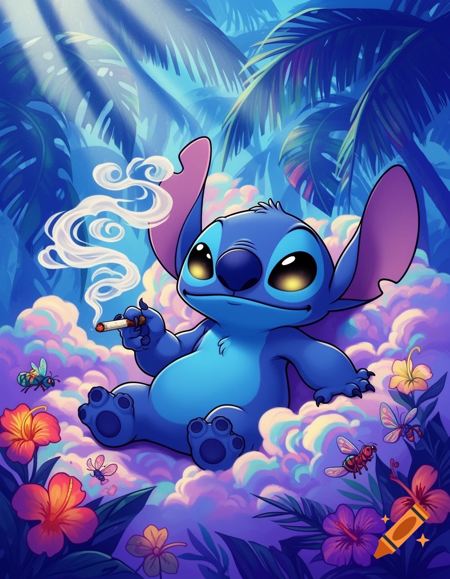 Cartoon Stitch sits in colorful clouds, smoking a joint, in a vibrant, psychedelic jungle with glowing tropical flowers.