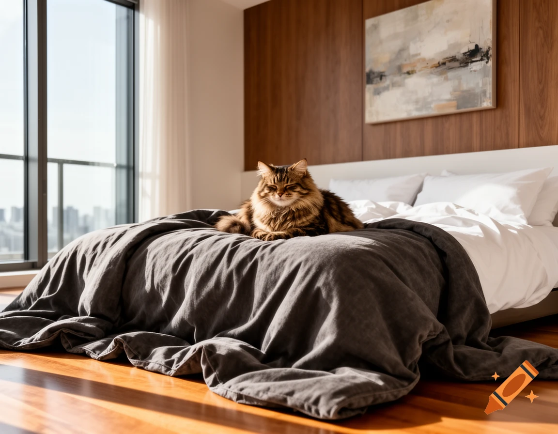 A photorealistic image of a fluffy tabby cat resting on a dark grey duvet in a sunny modern apartment bedroom.