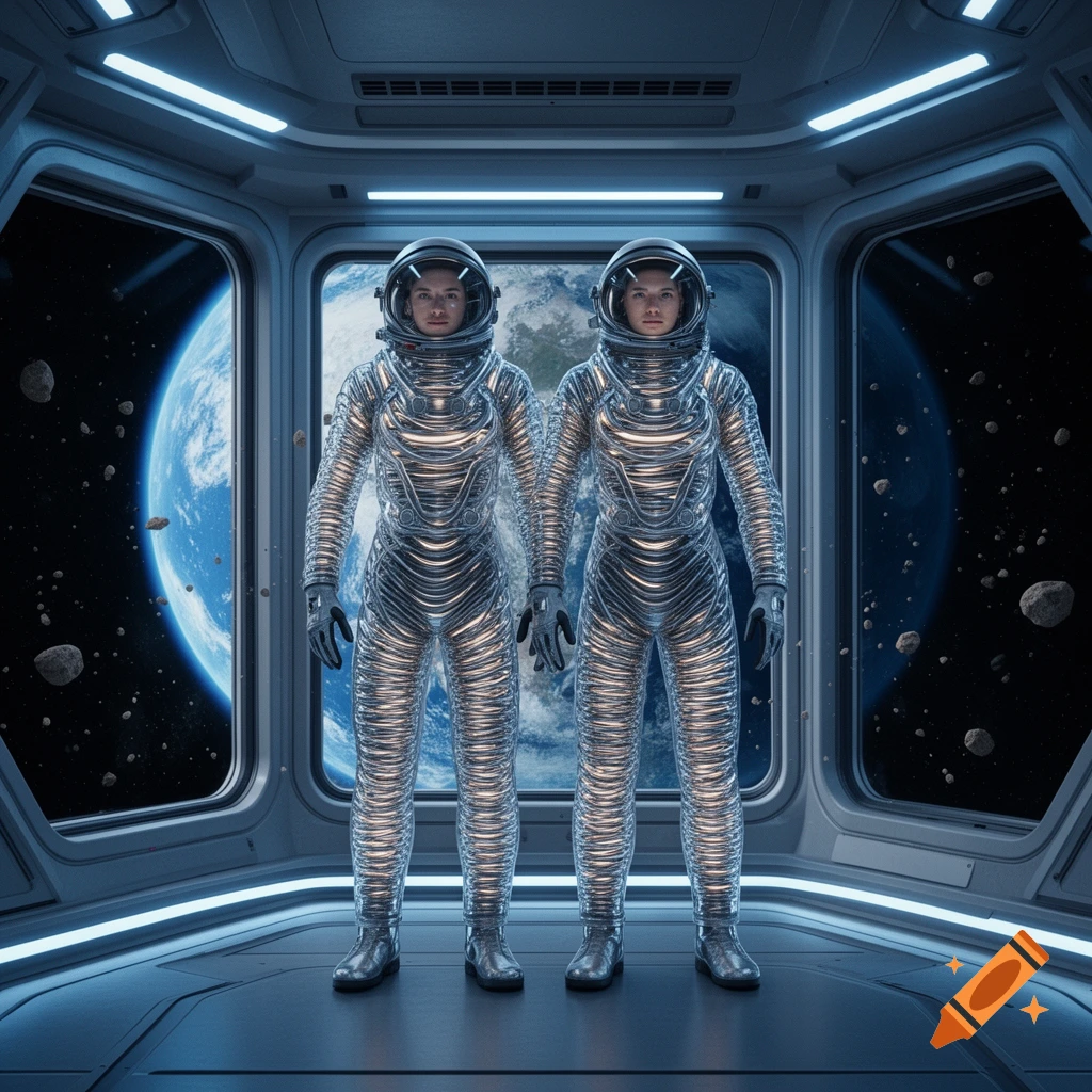 Two astronauts in metallic, ribbed spacesuits stand in a spaceship looking out at Earth and asteroids through large windows.