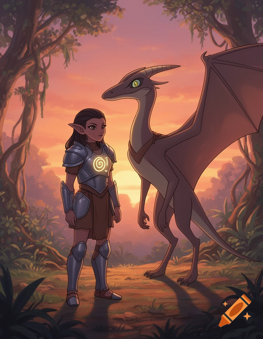 An elf-like woman in glowing armor stands beside a pterodactyl-like creature in a vibrant jungle during sunset, in an anime style.