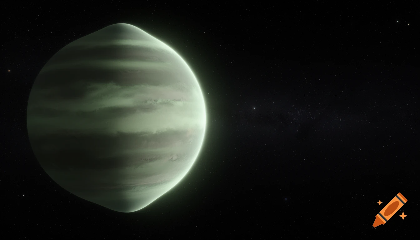 A light greenish, bomb-shaped planet with subtle cloud bands orbits in dark space, surrounded by distant stars.