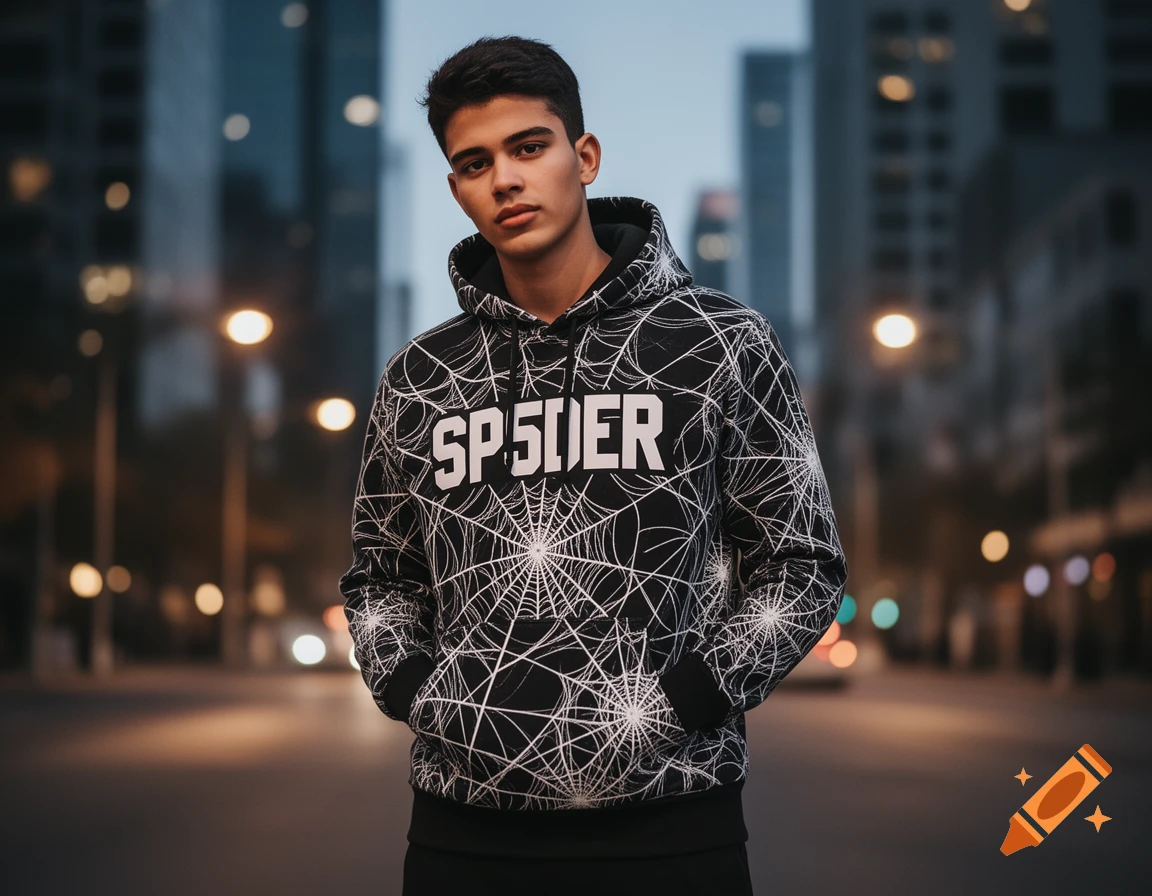 A young man wearing a black spiderweb hoodie with "SP5DER" text stands on a city street at night, with blurred lights in the background.
