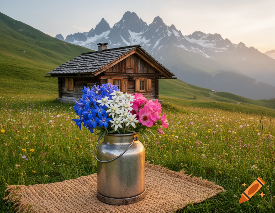 A milk churn with blue, white, and pink flowers on a mat in a mountain meadow, with a rustic cabin and snow-capped peaks behind.
