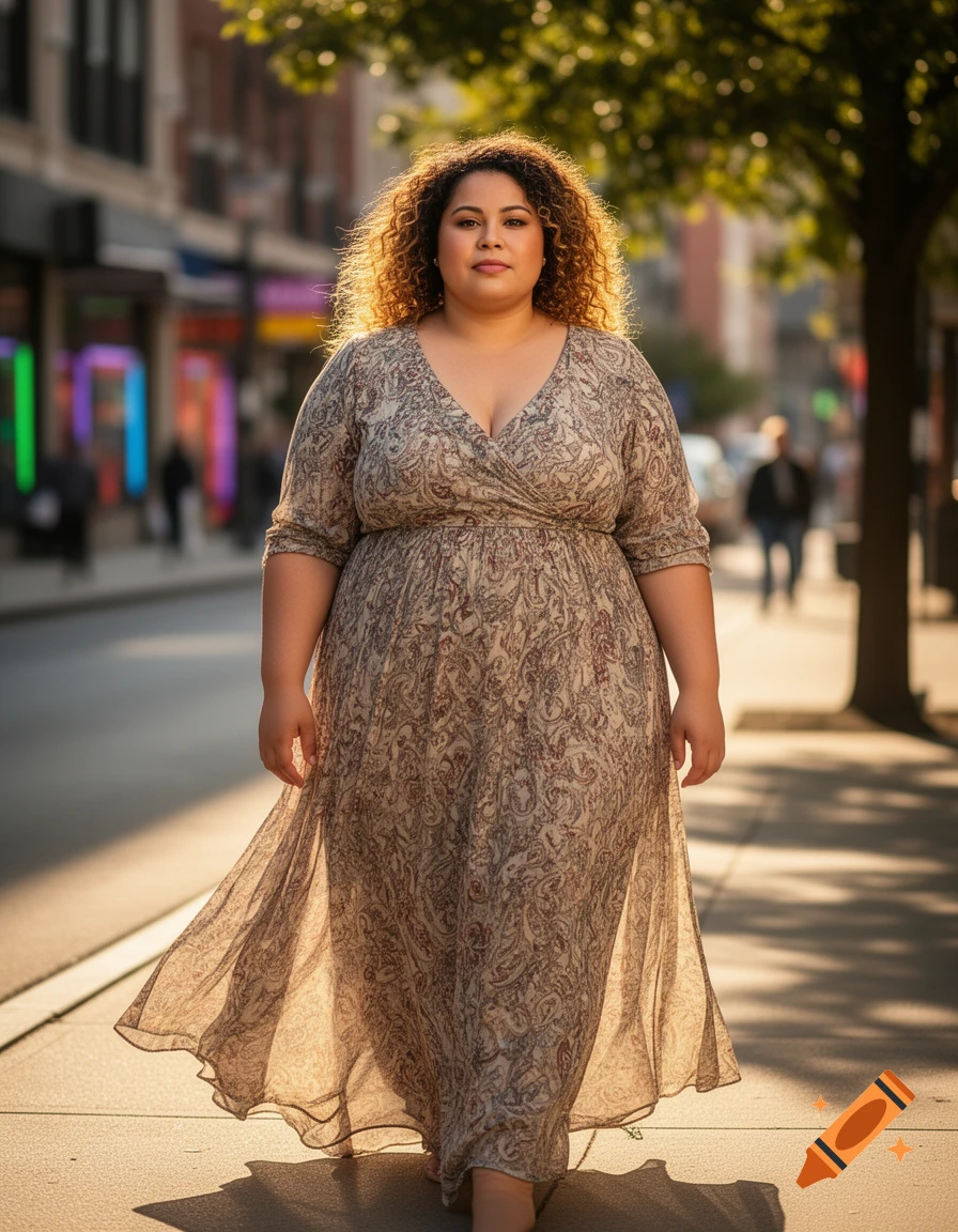 A woman with curly hair, wearing a patterned dress, walks on a sunlit city street.