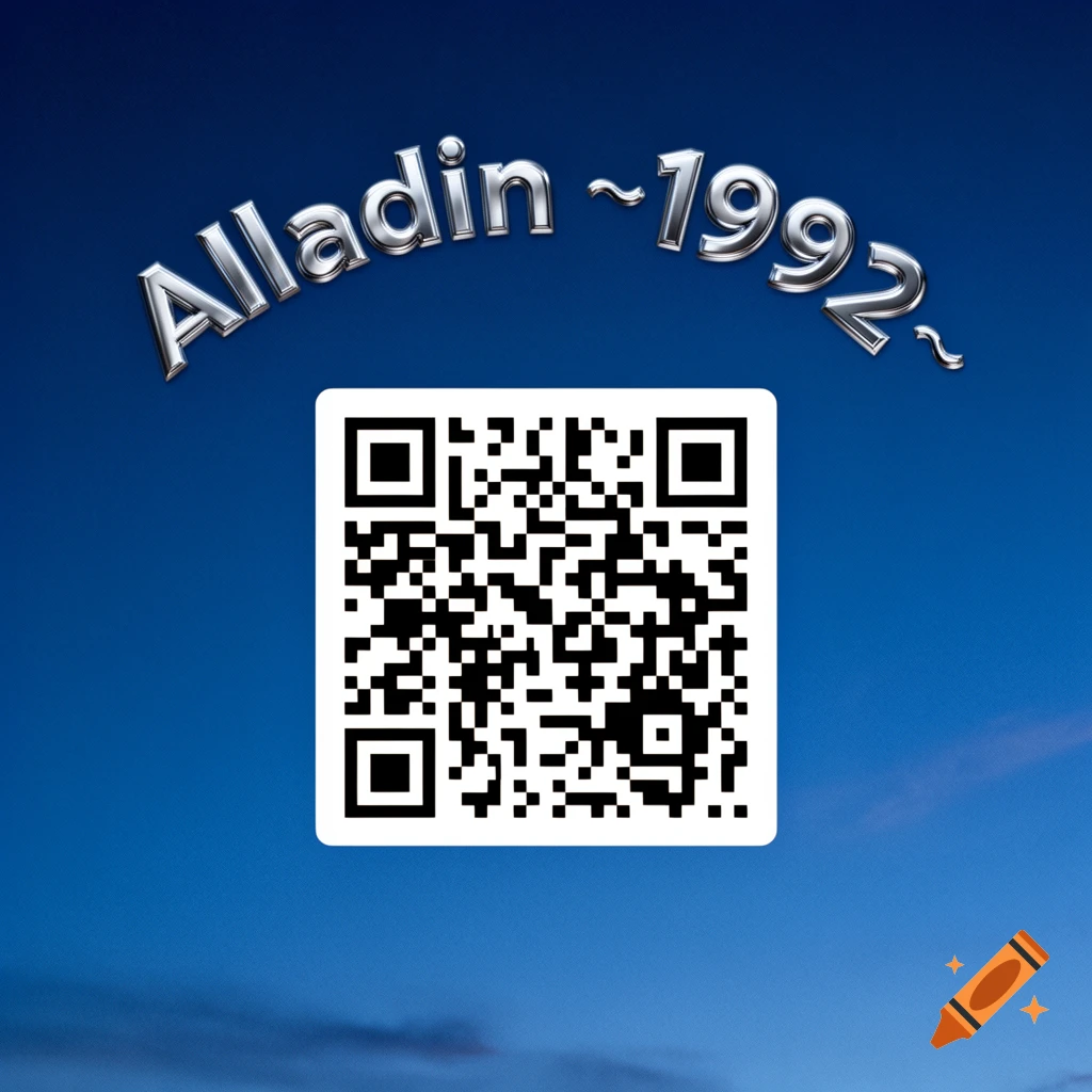 Metallic 3D text 'Alladin ~1992~' above a central QR code, set against a clear blue sky.