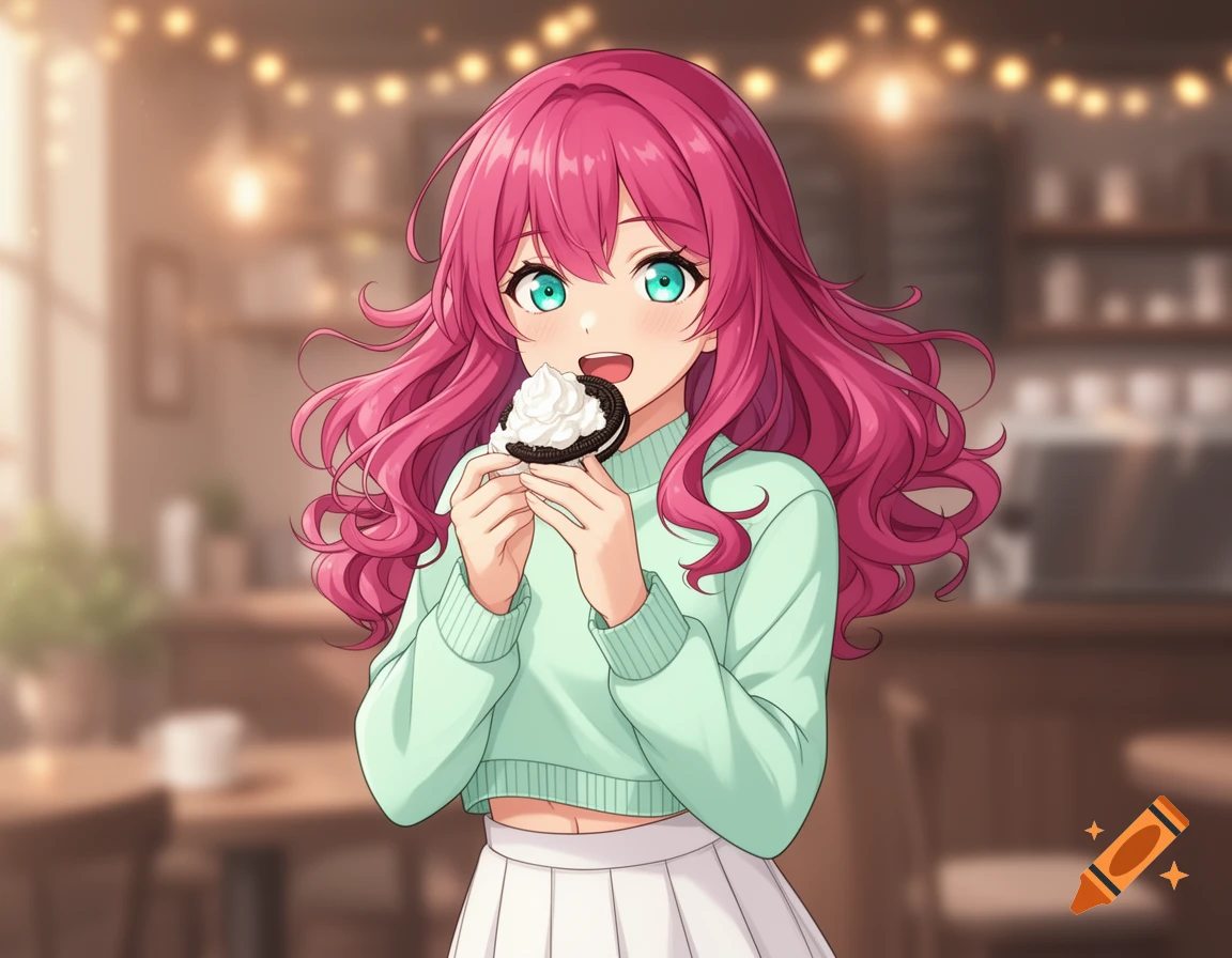 An anime girl with pink hair and green eyes eats an Oreo cookie with whipped cream in a blurred cafe setting.