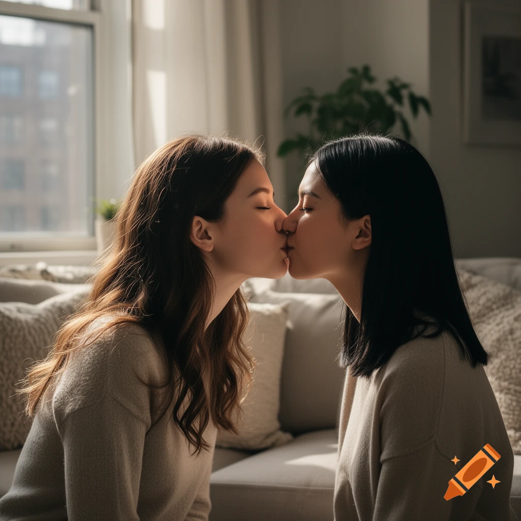 Two women with closed eyes gently kiss in a sunlit room, with soft furnishings in the background.