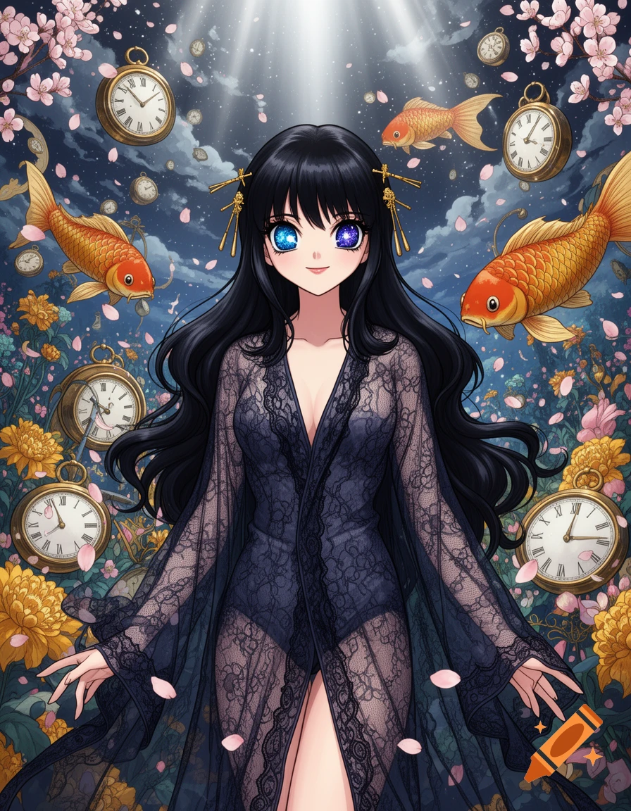 Anime woman with black hair and mismatched eyes in a lace robe, surrounded by floating koi fish, clocks, and flowers under a night sky.