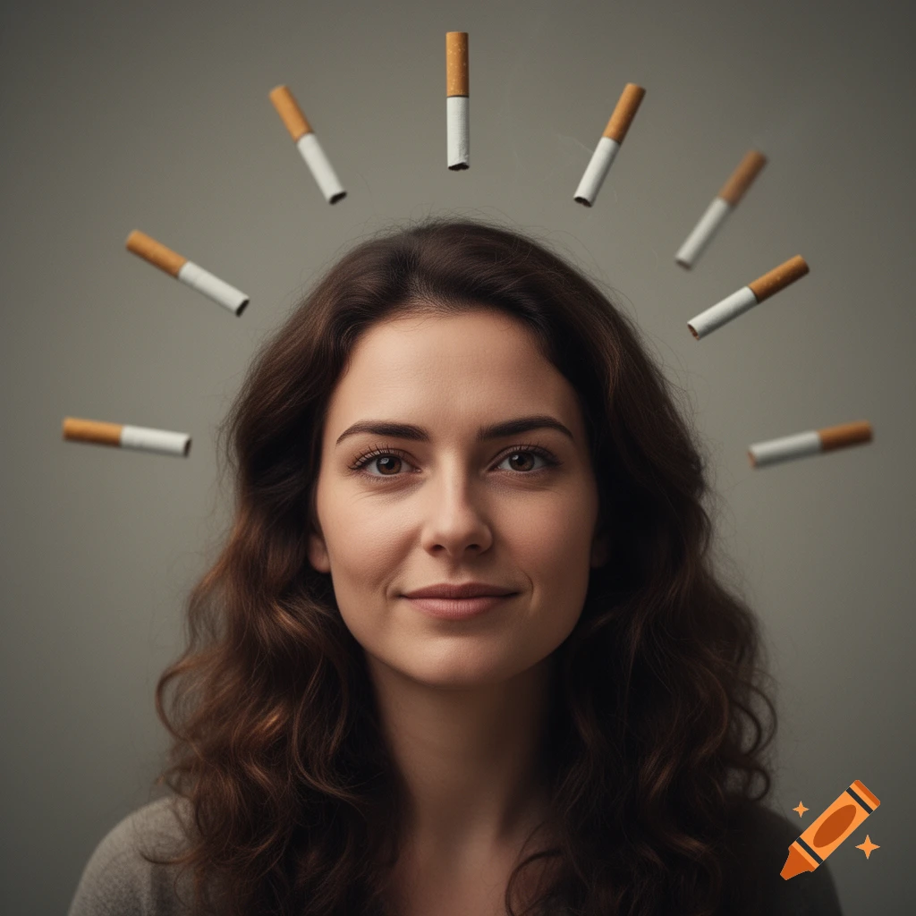 A smiling young brunette woman looks directly forward, with cigarettes floating in a circle around her head against a neutral gray background.