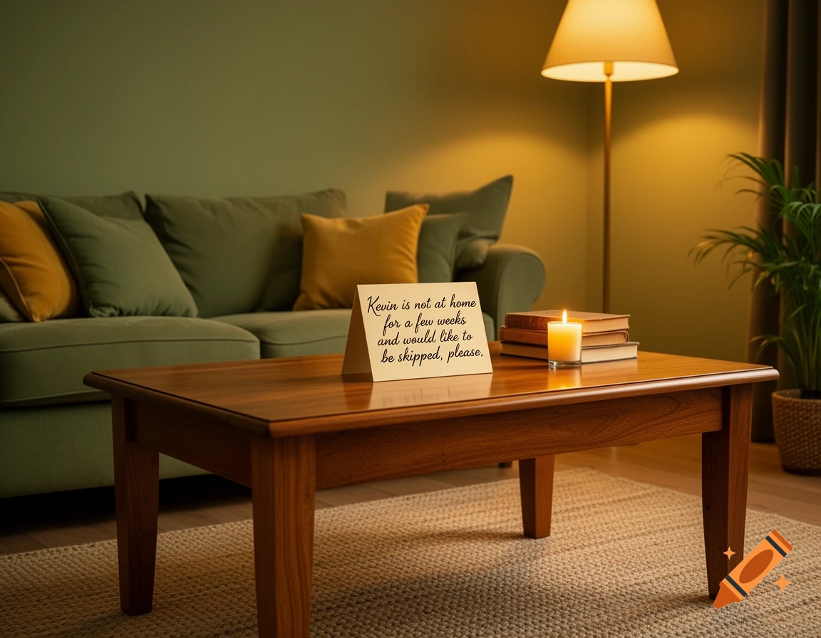 A cozy living room featuring a green sofa, a wooden coffee table, and a sign saying 'Kevin is not at home for a few weeks and would like to be skipped, please.'