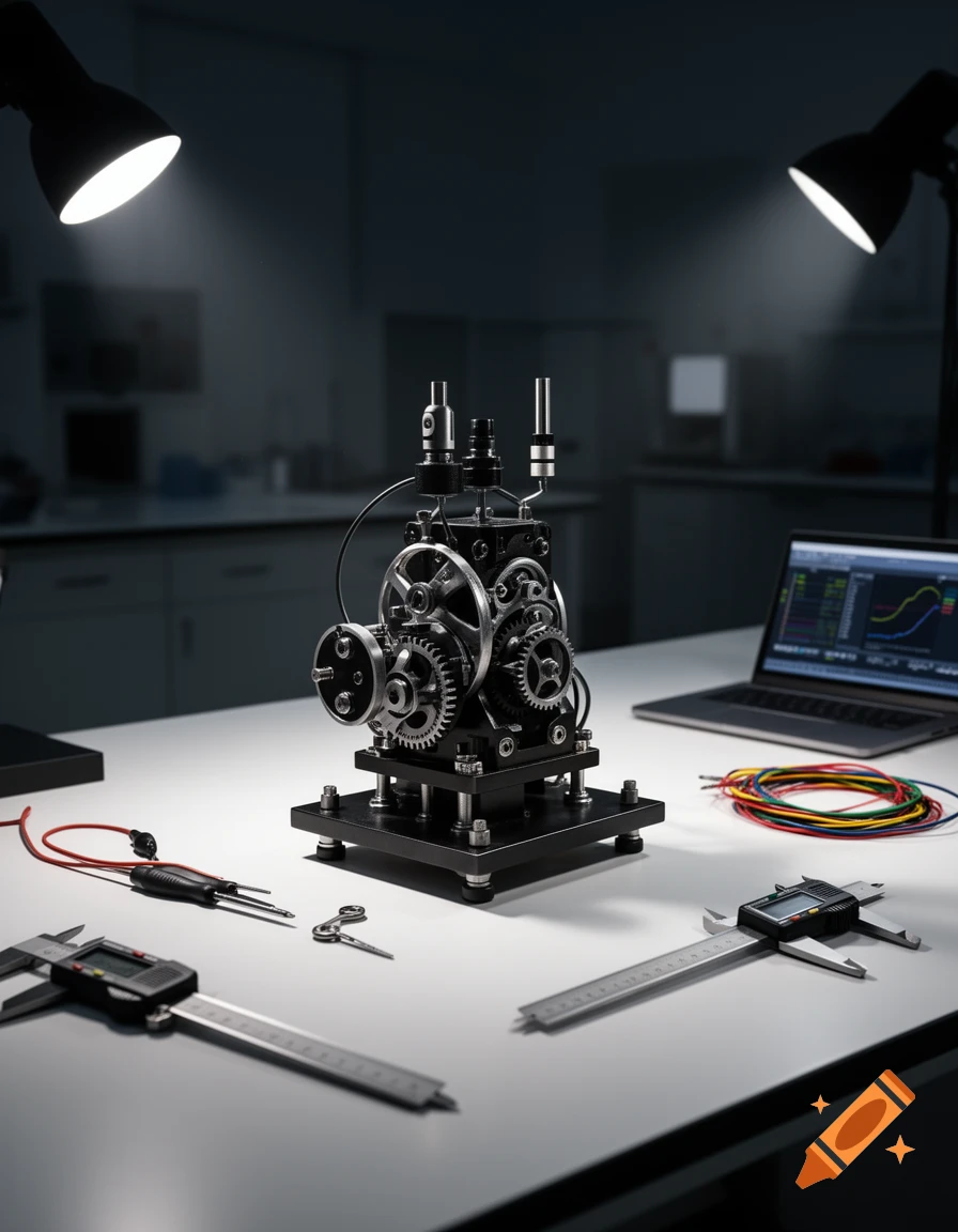 Photorealistic image of a mechanical device with gears on a workshop table, surrounded by tools and a laptop, lit by desk lamps.