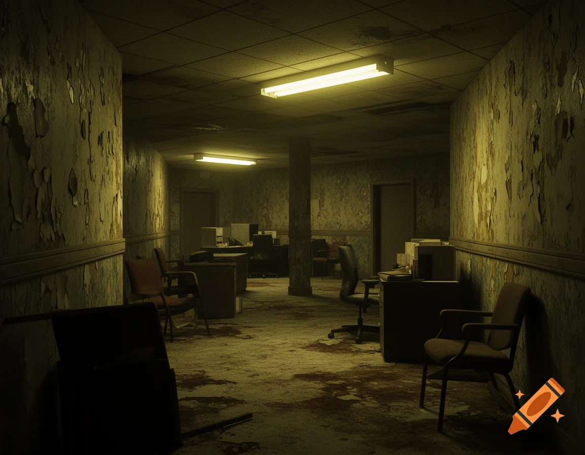 A dimly lit, decaying office hallway with peeling paint, dirty floors, scattered chairs, and fluorescent lights creating an eerie, liminal atmosphere.