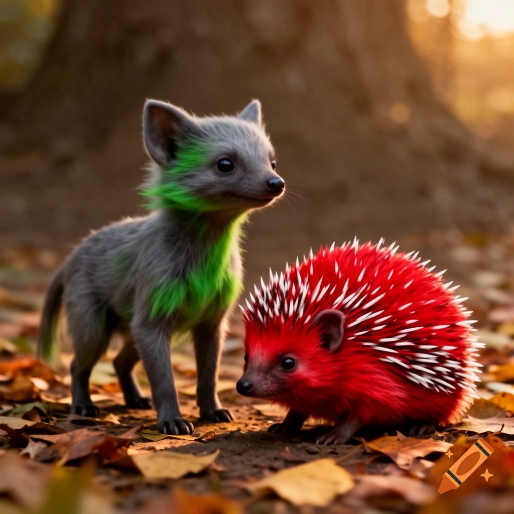 A grey fox kit with green highlights on its fur stands next to a red hedgehog with white quills on a forest floor covered in autumn leaves.