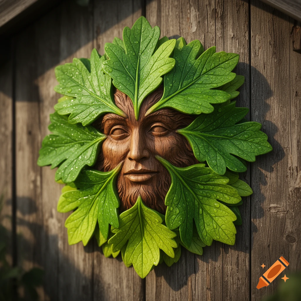 Photorealistic carving of a Green Man's face with a beard and leafy crown, covered in dewdrops, mounted on a weathered wooden wall.
