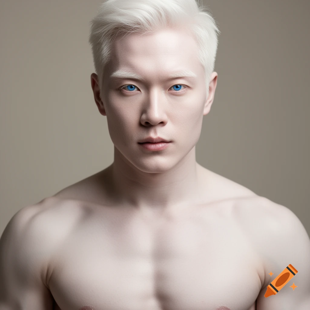 Photorealistic portrait of a buff albino Asian man with pale skin, white hair, and striking blue eyes.