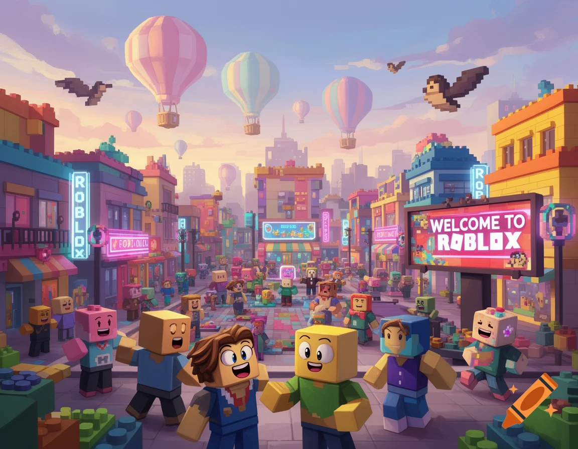 A vibrant, blocky cityscape with numerous block-headed characters, hot air balloons, and neon signs, resembling Roblox.