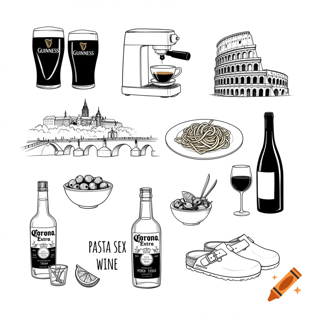 Minimalist black line-art doodles on white, featuring Guinness pints, espresso machine, Colosseum, a bridge with castle, pasta, olives, Corona Extra bottles, wine, shot glass with lime, Birkenstock clogs, and text 'PASTA SEX WINE'.