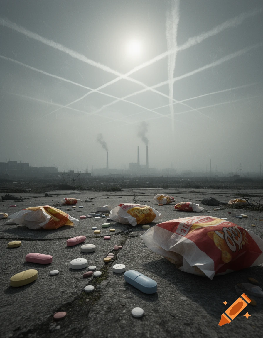 Colorful pills and fast food wrappers litter cracked asphalt with an industrial skyline and chemtrails under a hazy sky.