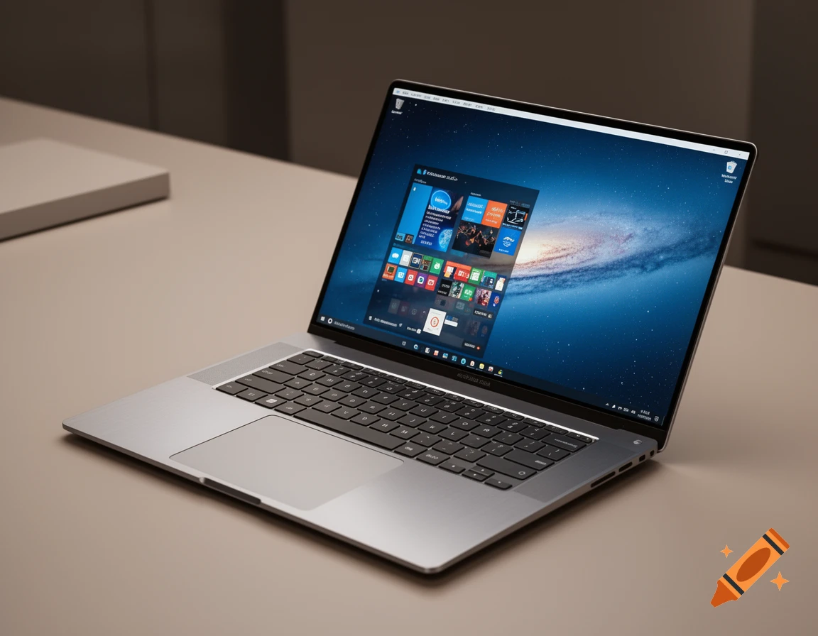A modern silver laptop with a brushed aluminum finish sits on a light desk, displaying a galaxy wallpaper and an operating system interface.