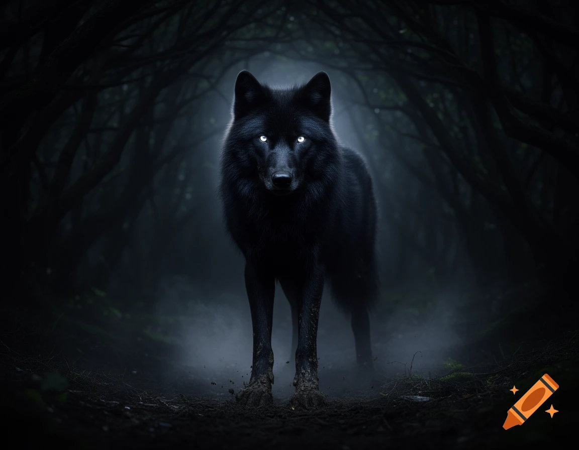 A majestic black wolf with piercing glowing white eyes stands in a dark, misty forest at night.