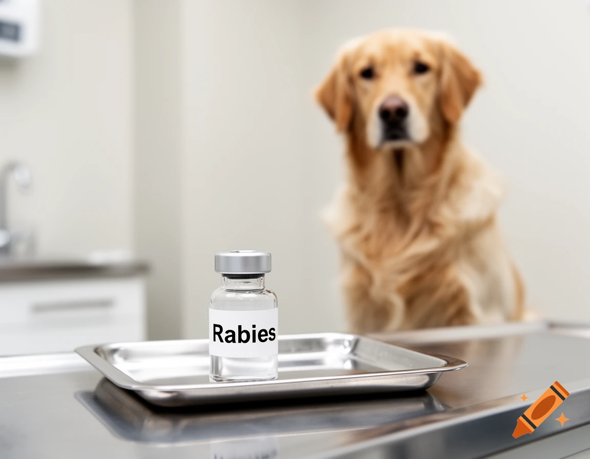 A vaccine vial labeled 'Rabies' on a metal tray, with a blurred golden retriever in the background at a veterinary clinic.