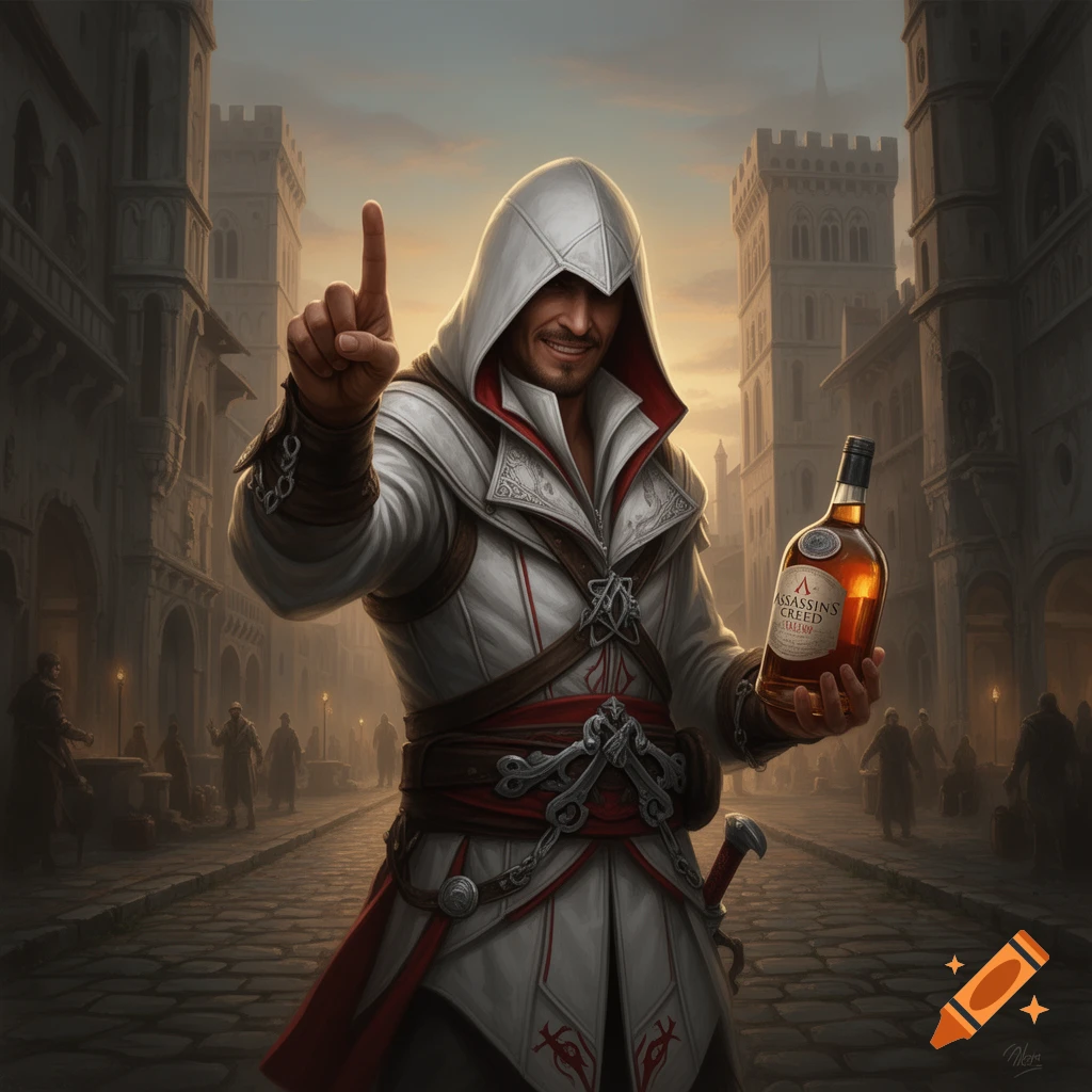 A man in a white Assassin's Creed hooded tunic, resembling Ezio, raises his finger while holding a branded bottle in a medieval city street.