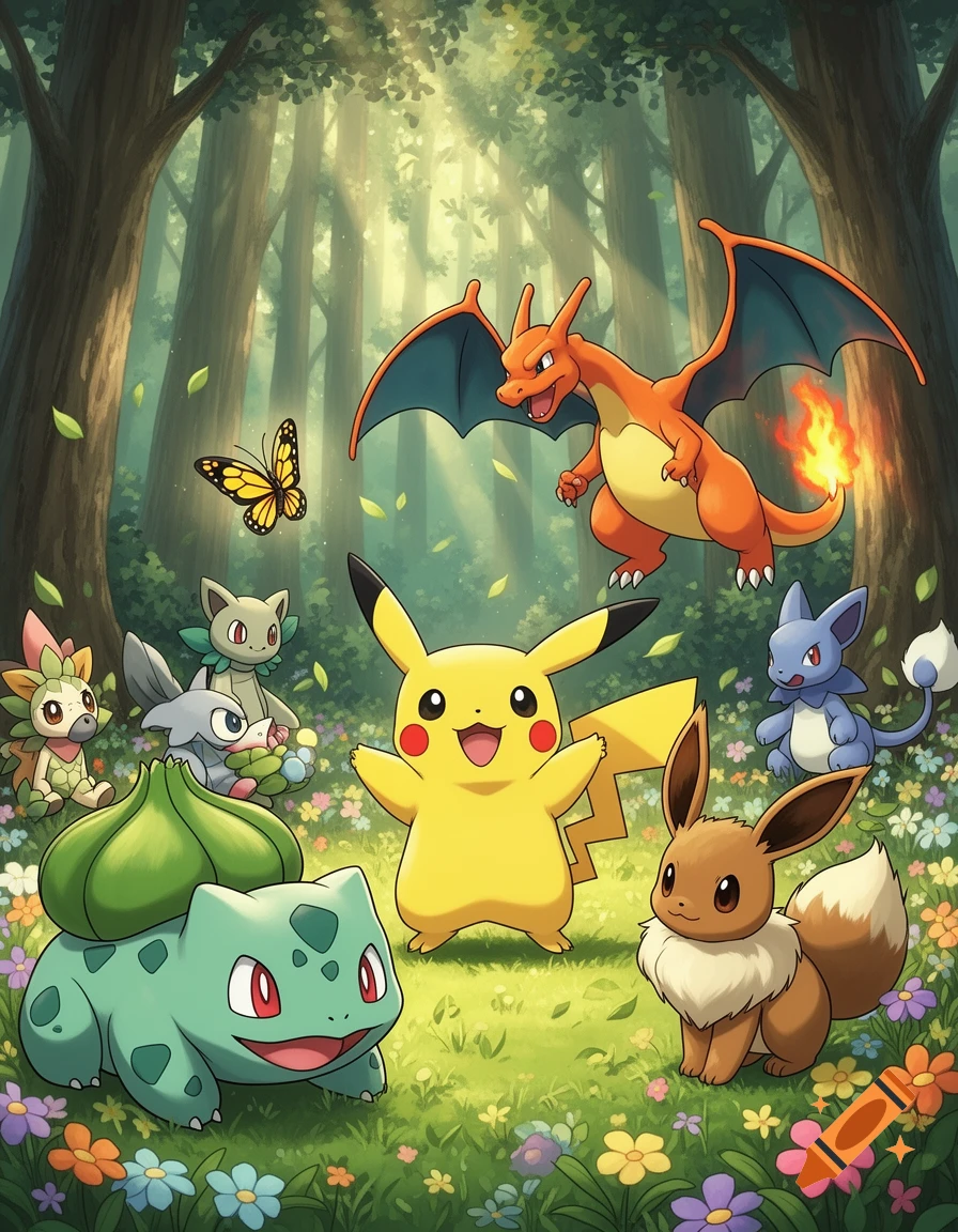 Pikachu, Charizard, Bulbasaur, Eevee, and other Pokemon gather happily in a sun-dappled forest.