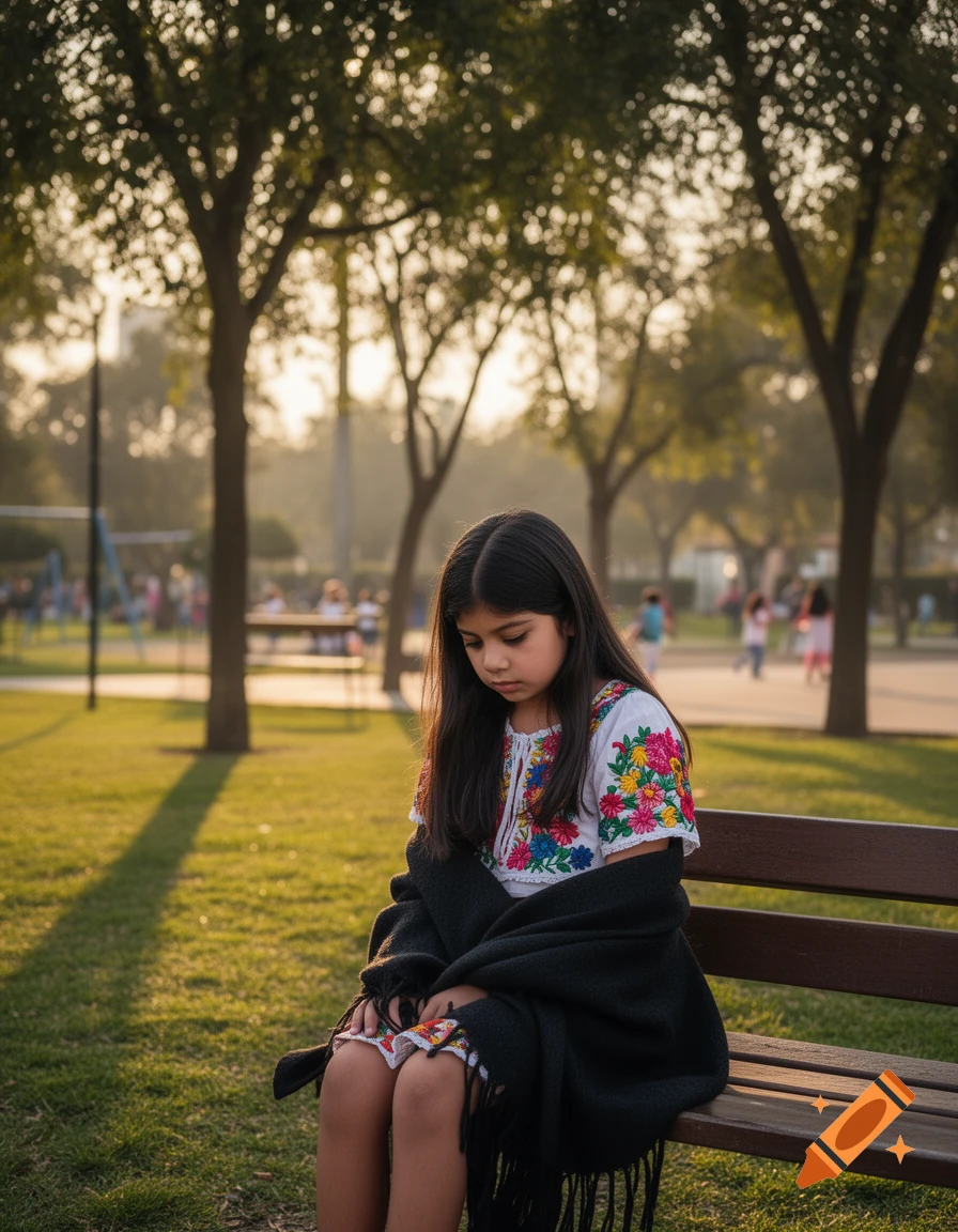 A young Mexican girl in an embroidered white shirt and dark shawl sits sadly on a park bench during golden hour.