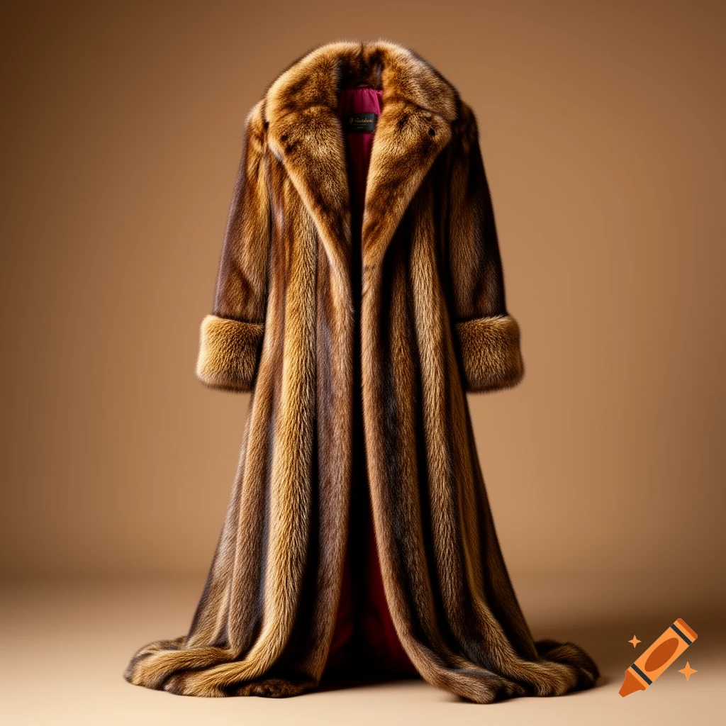 A long, luxurious brown fur coat with varying shades of brown and gold, displayed against a plain brown background in a photorealistic style.