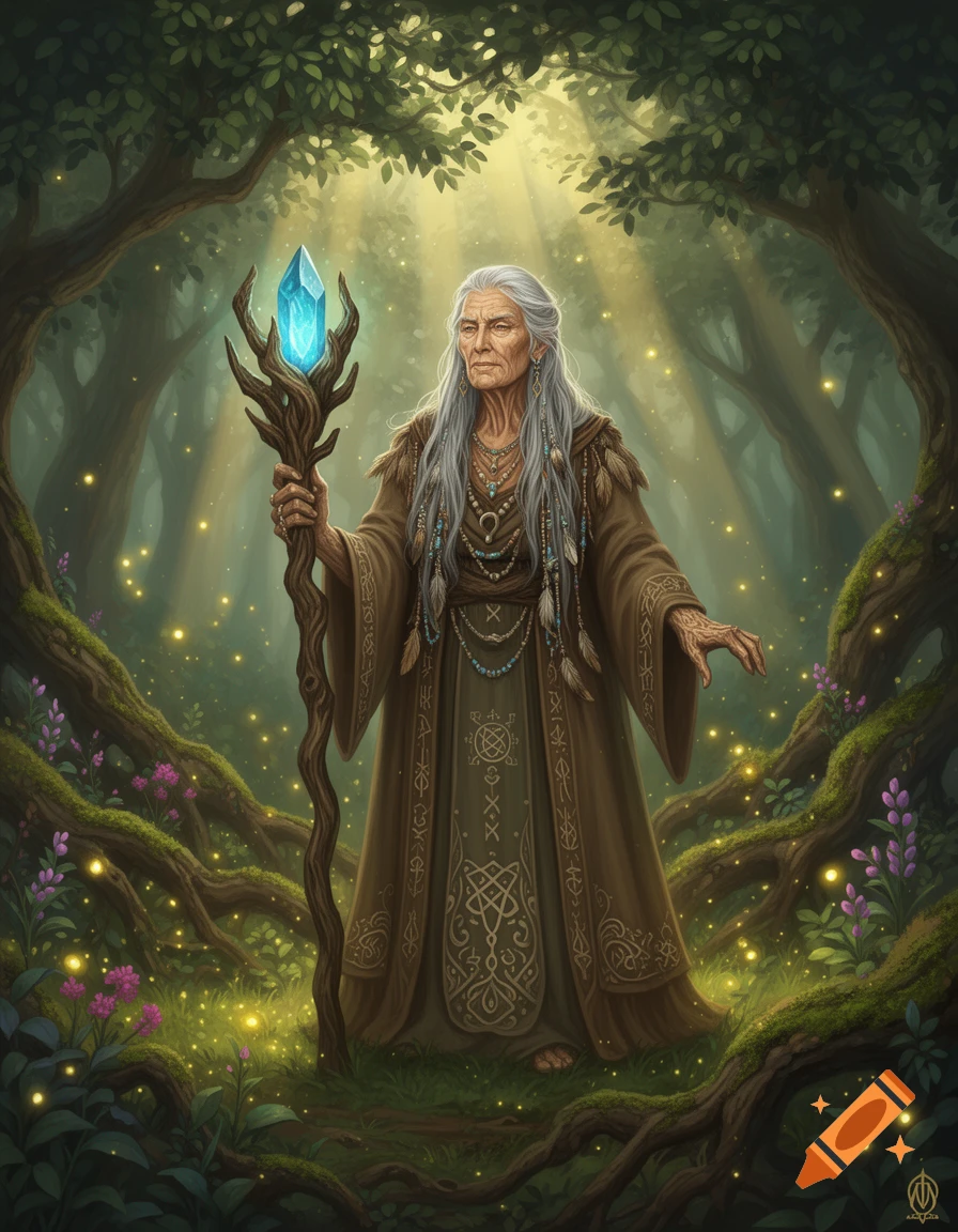 An old woman with long gray hair and a glowing crystal staff stands in a magical, sunlit forest with glowing fireflies.