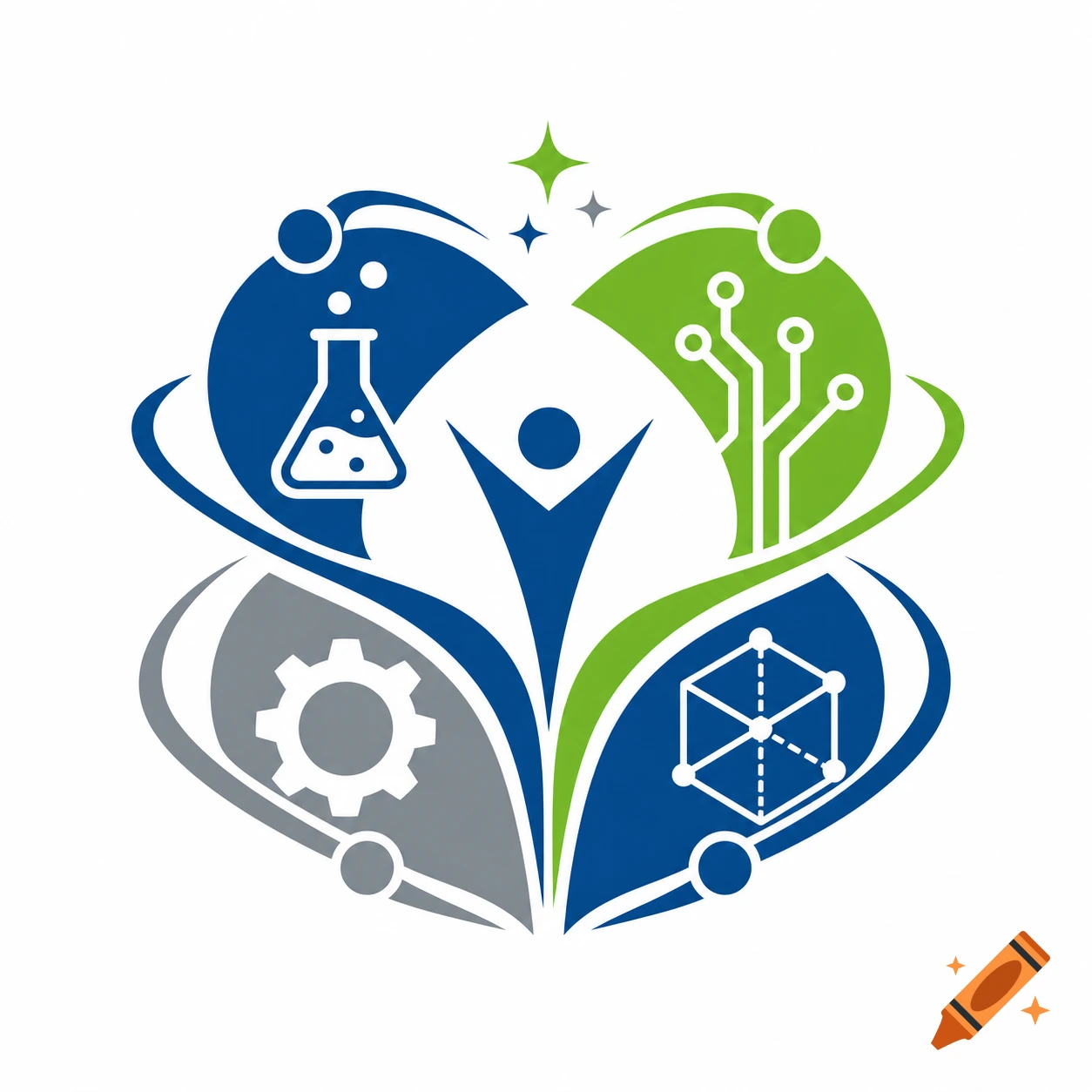 A vibrant STEM logo with a central figure surrounded by symbols for science, technology, engineering, and math.