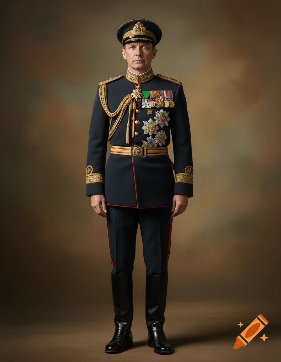 A man in a dark, ornate military uniform adorned with numerous medals and a peaked cap stands against a muted brown background.